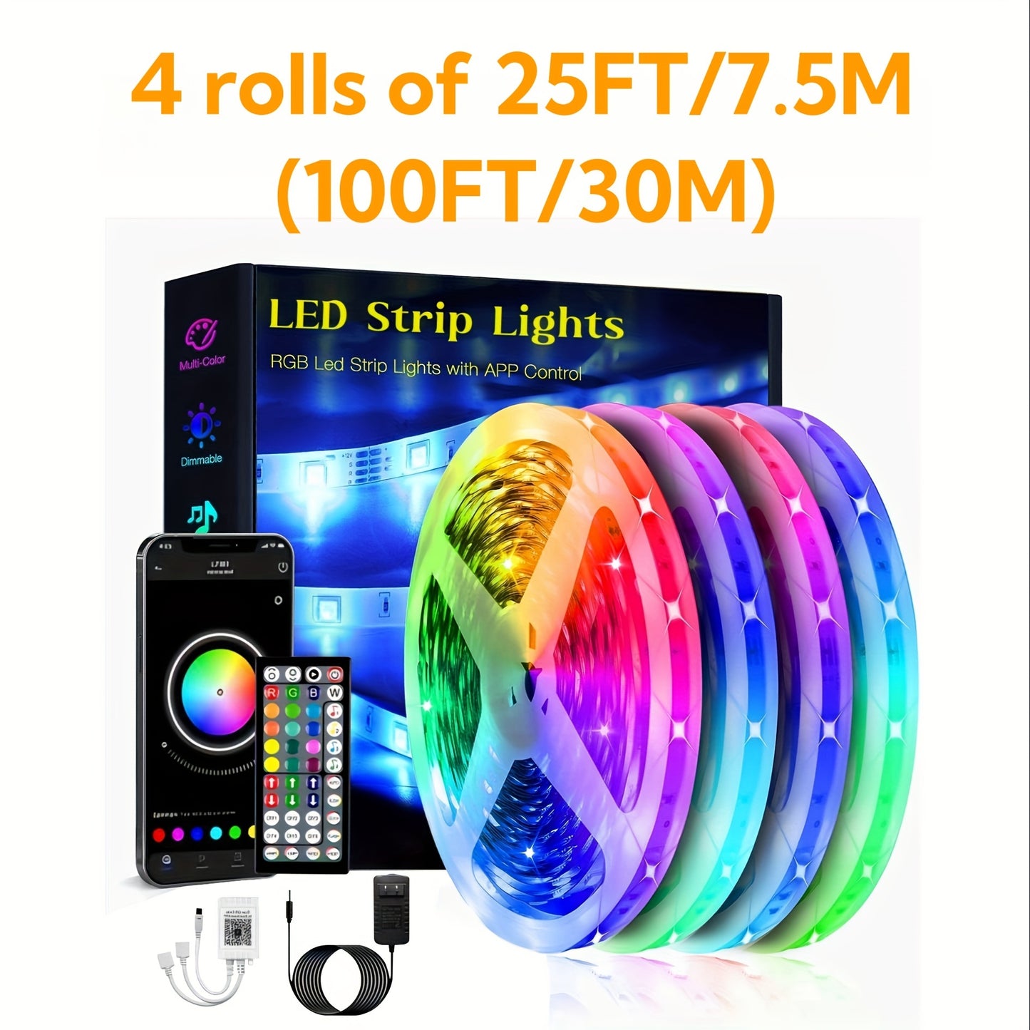 4 Rolls Of 16.4FT, 4 Rolls Of 25FT,4 Rolls Of 32.8FT,4 Rolls Of 50FT LED Lights For Bedroom, 3030,16 LEDs/3.3FT,Music Sync Color Changing, Smart App Control With Remote, Ultra-Long LED Strip Lights For Party, Home,Birthday,We