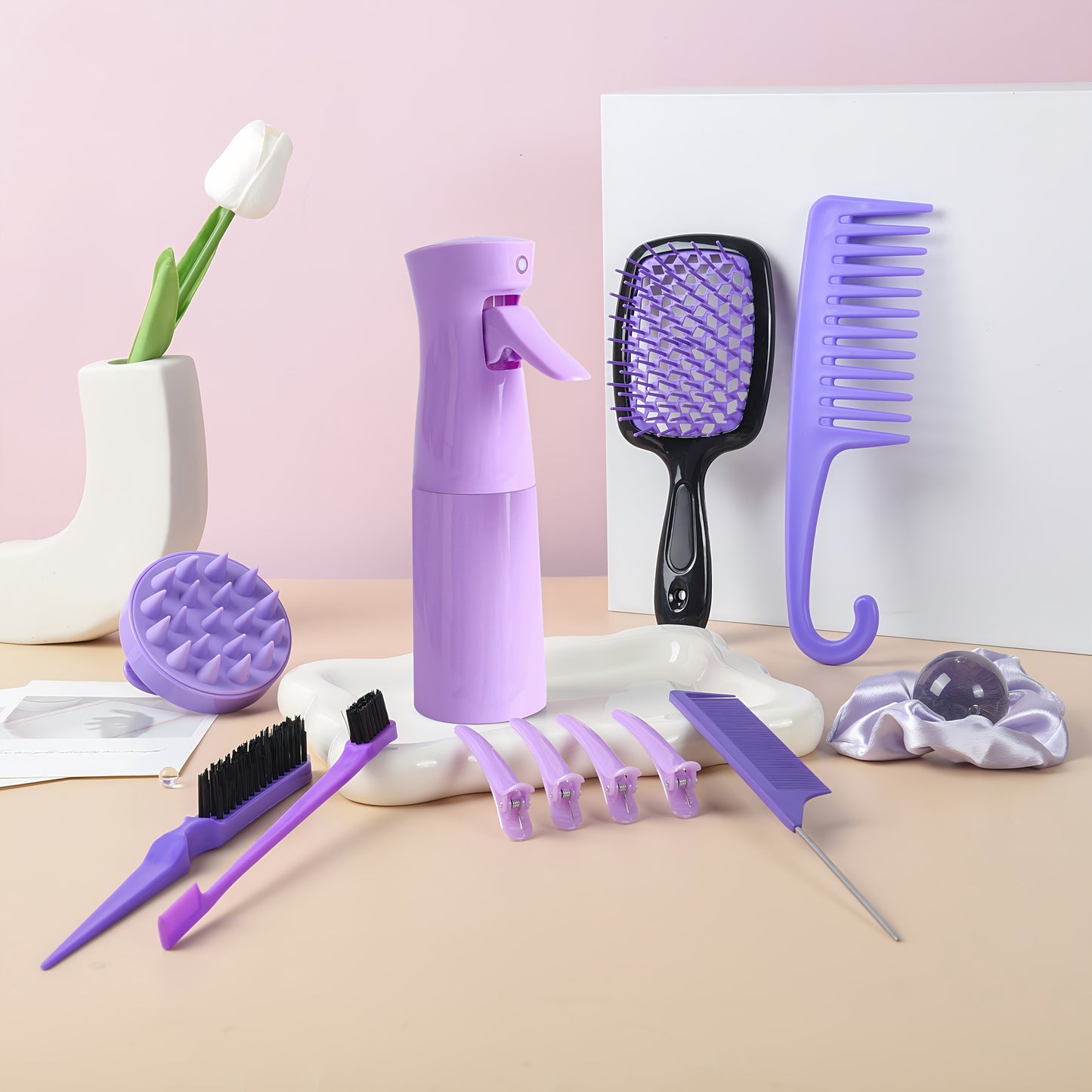 12pcs Unscented Hair Care Set for Women, Includes 6.76oz Hair Spray, 3 Slick Back Brushes, Soft Scalp Massager, Detangling Brushes for Wet/Dry Curly Hair, Wide Tooth Combs for Normal Hair Styles