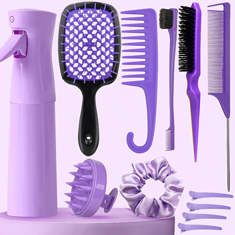 12pcs Unscented Hair Care Set for Women, Includes 6.76oz Hair Spray, 3 Slick Back Brushes, Soft Scalp Massager, Detangling Brushes for Wet/Dry Curly Hair, Wide Tooth Combs for Normal Hair Styles