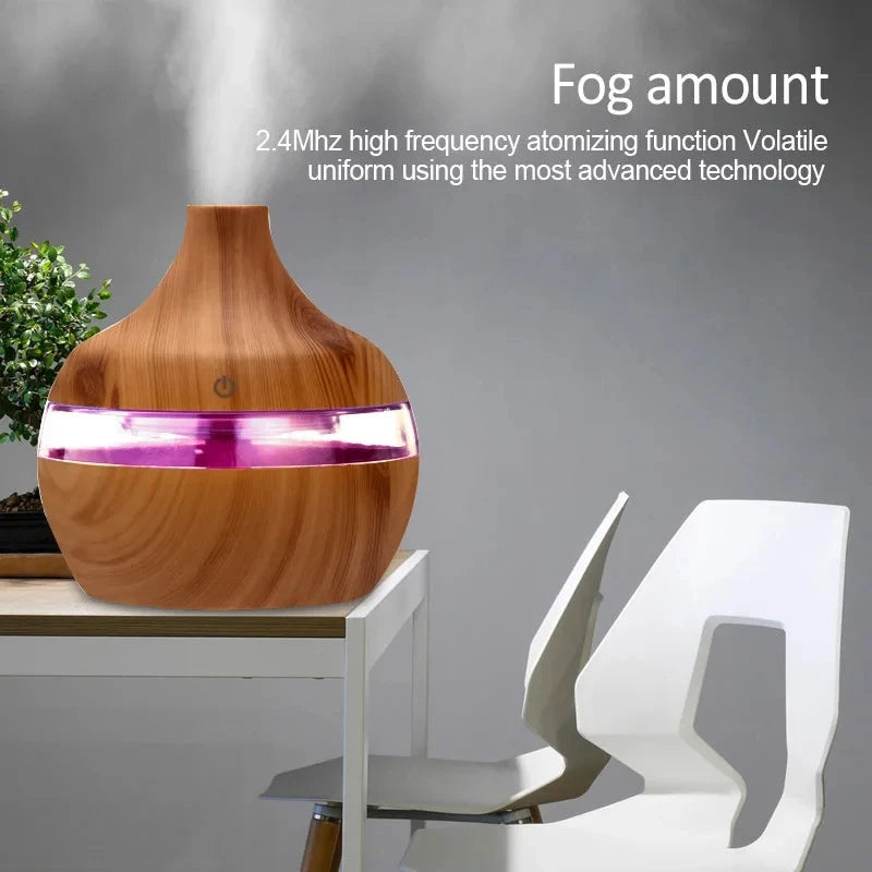 High Quality 300ml Aromatherapy Essential Oil Diffuser Wood Grain Remote Control Ultrasonic Air Humidifier with 7 Colors Light