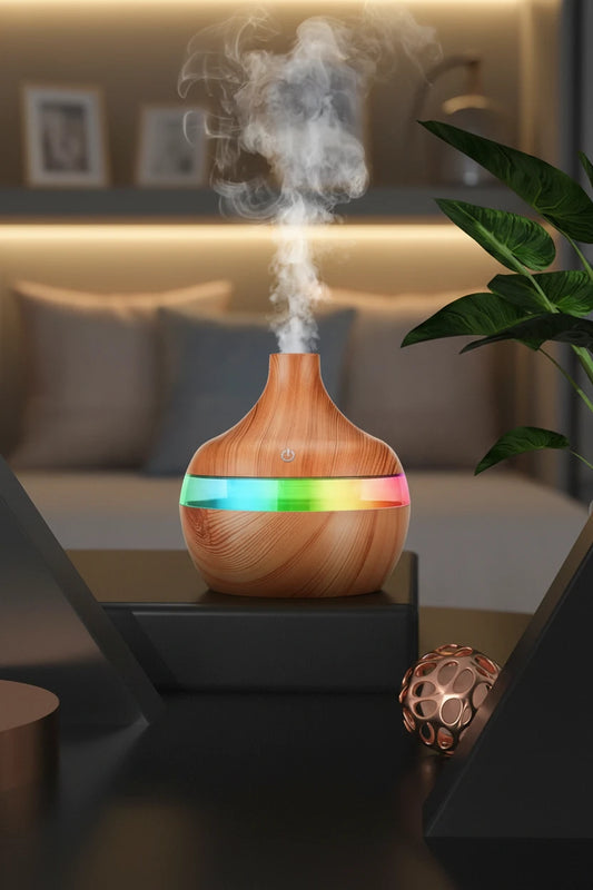 High Quality 300ml Aromatherapy Essential Oil Diffuser Wood Grain Remote Control Ultrasonic Air Humidifier with 7 Colors Light