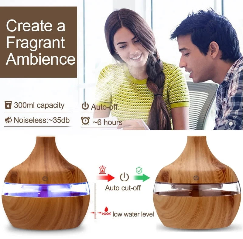 High Quality 300ml Aromatherapy Essential Oil Diffuser Wood Grain Remote Control Ultrasonic Air Humidifier with 7 Colors Light