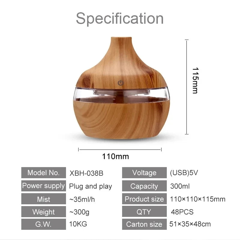 High Quality 300ml Aromatherapy Essential Oil Diffuser Wood Grain Remote Control Ultrasonic Air Humidifier with 7 Colors Light