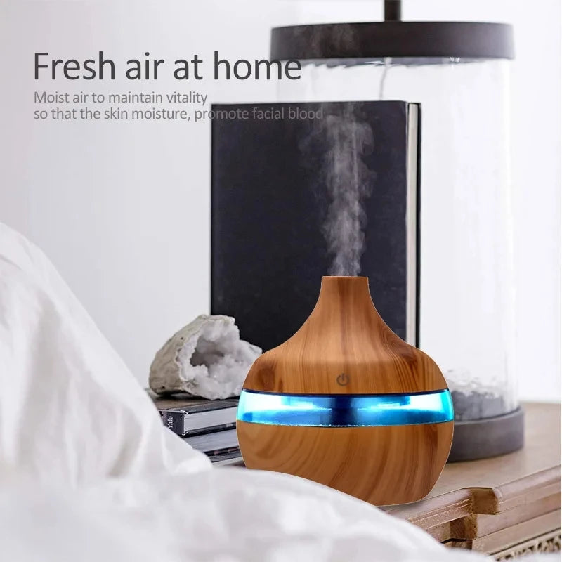 High Quality 300ml Aromatherapy Essential Oil Diffuser Wood Grain Remote Control Ultrasonic Air Humidifier with 7 Colors Light