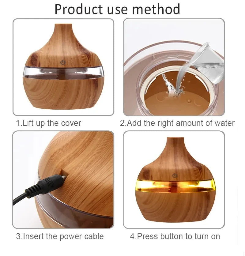 High Quality 300ml Aromatherapy Essential Oil Diffuser Wood Grain Remote Control Ultrasonic Air Humidifier with 7 Colors Light