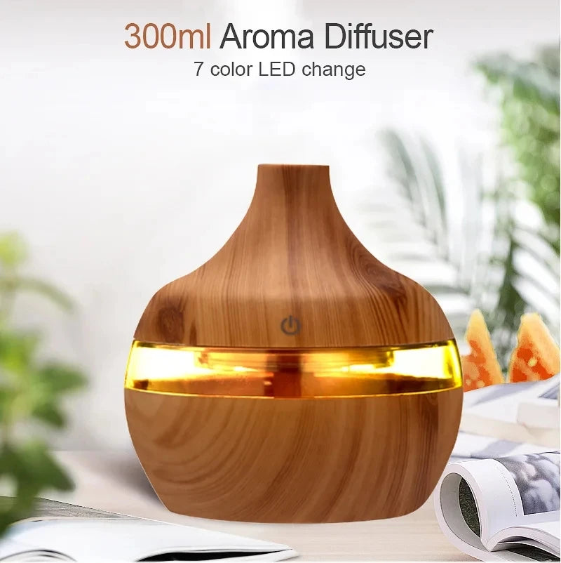 High Quality 300ml Aromatherapy Essential Oil Diffuser Wood Grain Remote Control Ultrasonic Air Humidifier with 7 Colors Light