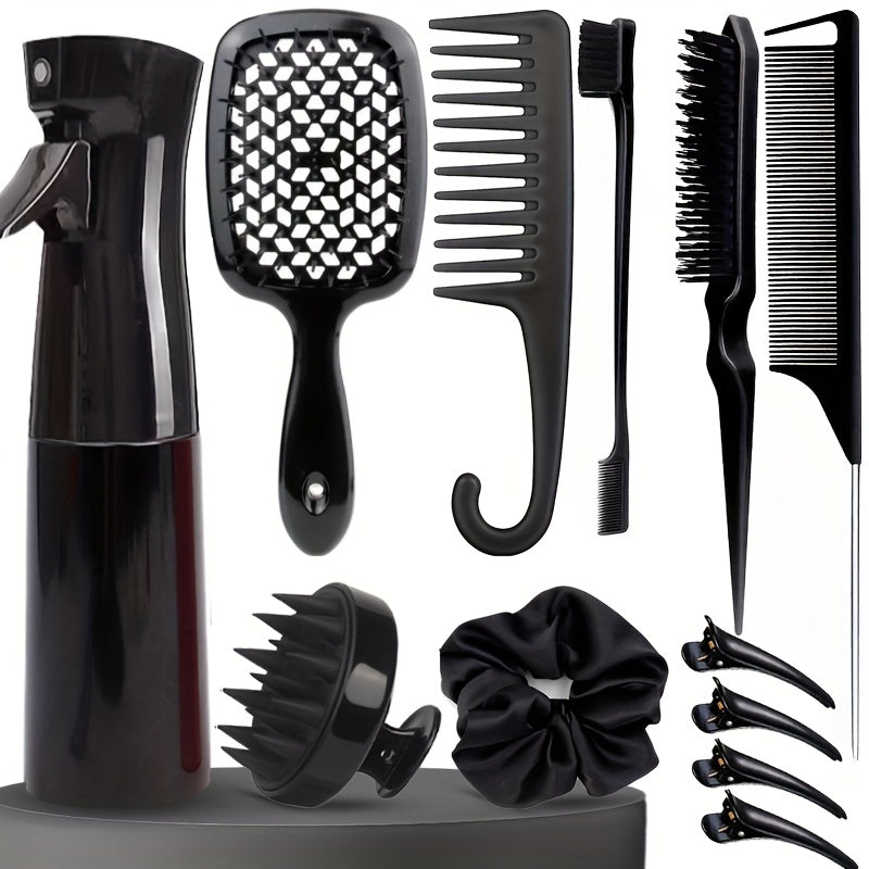 12pcs Unscented Hair Care Set for Women, Includes 6.76oz Hair Spray, 3 Slick Back Brushes, Soft Scalp Massager, Detangling Brushes for Wet/Dry Curly Hair, Wide Tooth Combs for Normal Hair Styles