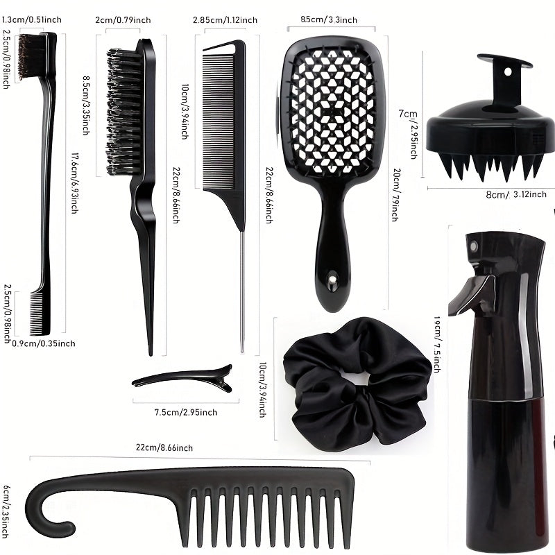 12pcs Unscented Hair Care Set for Women, Includes 6.76oz Hair Spray, 3 Slick Back Brushes, Soft Scalp Massager, Detangling Brushes for Wet/Dry Curly Hair, Wide Tooth Combs for Normal Hair Styles